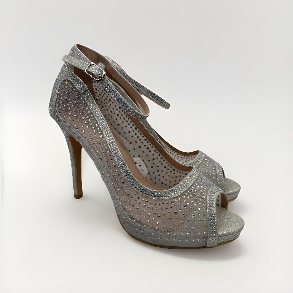 Bella Luna Silver Mesh Jeweled  Heel Stiletto narrow Open Toe Shoes Size 7.5